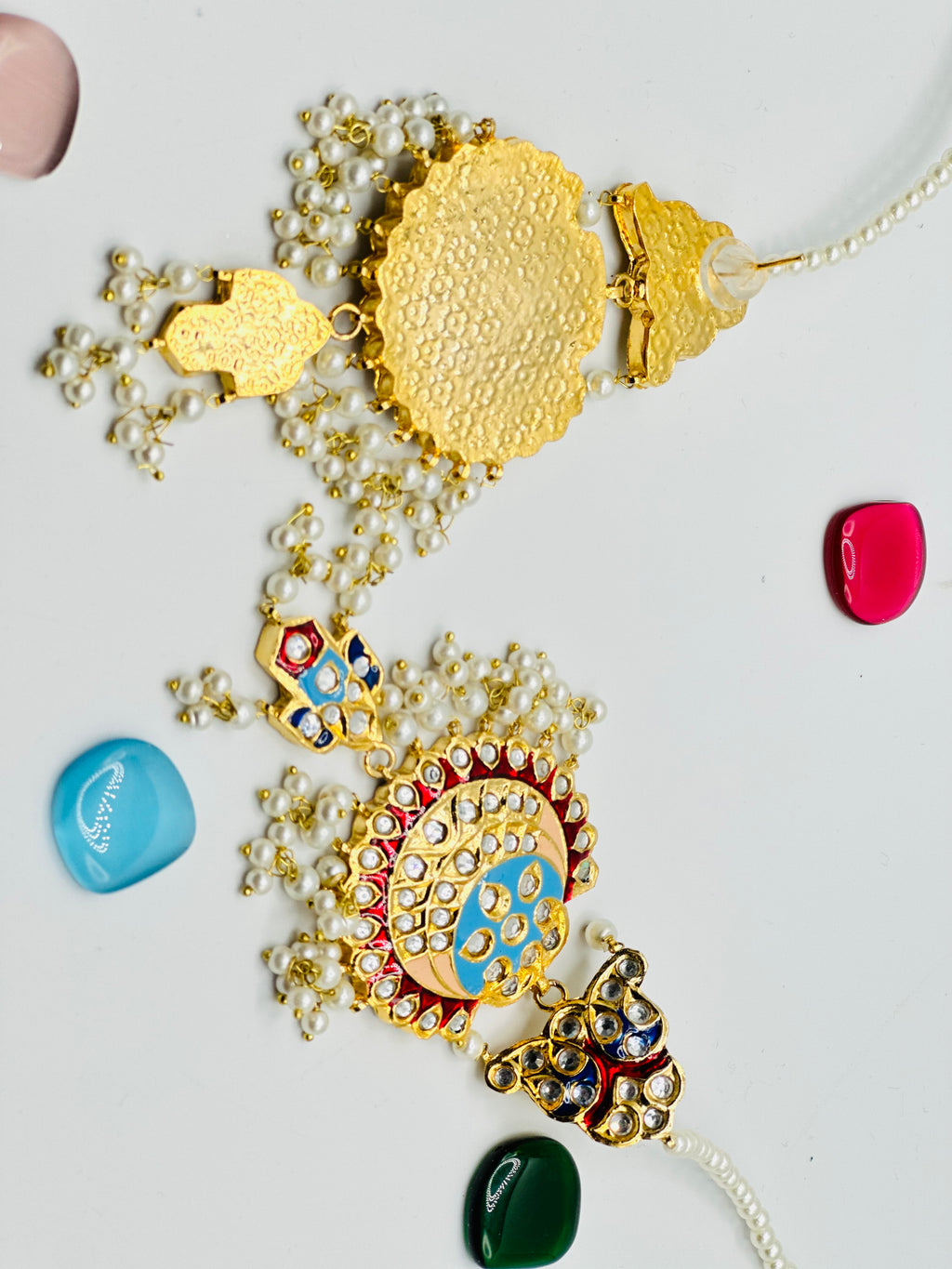 Maroon-Blue Thappa Kundan Earrings | Simzdesignzz |