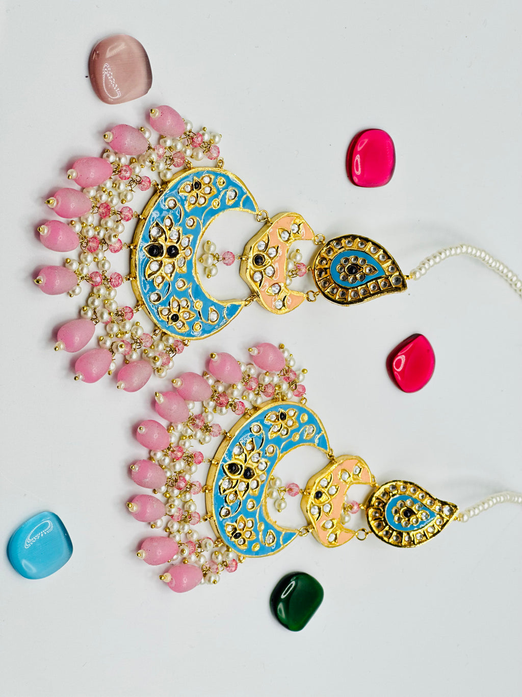 Pink-Bluish Thappa Kundan Earrings | Simzdesignzz |
