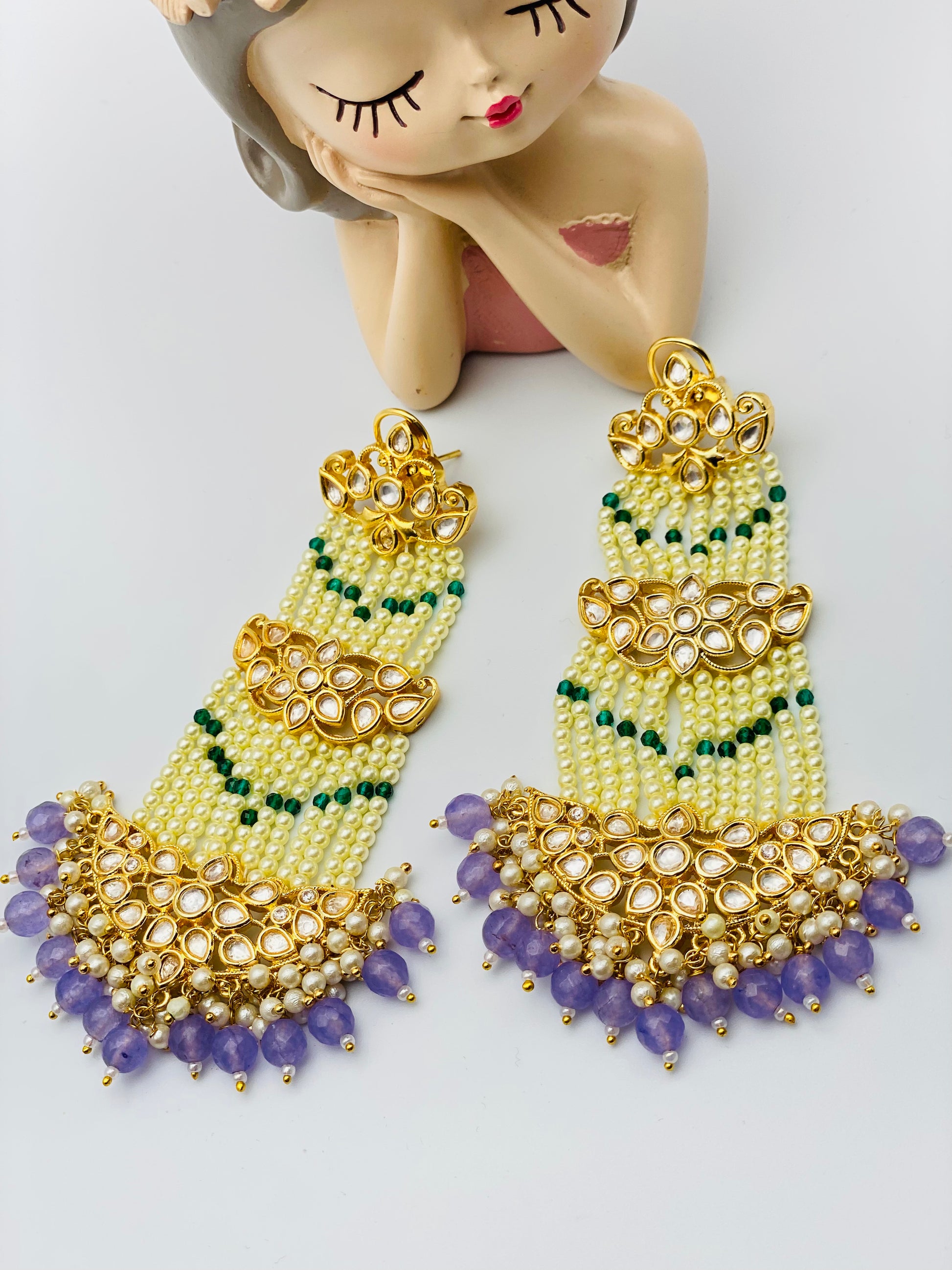 Aster Lavender Tyani Kundan Long Earrings | Simzdesignzz |