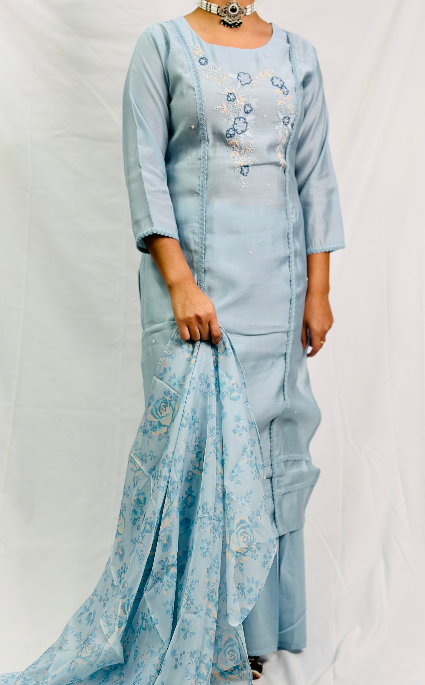 Sky-Blue Kurti With Gurara And Dupatta | Simzdesignzz |