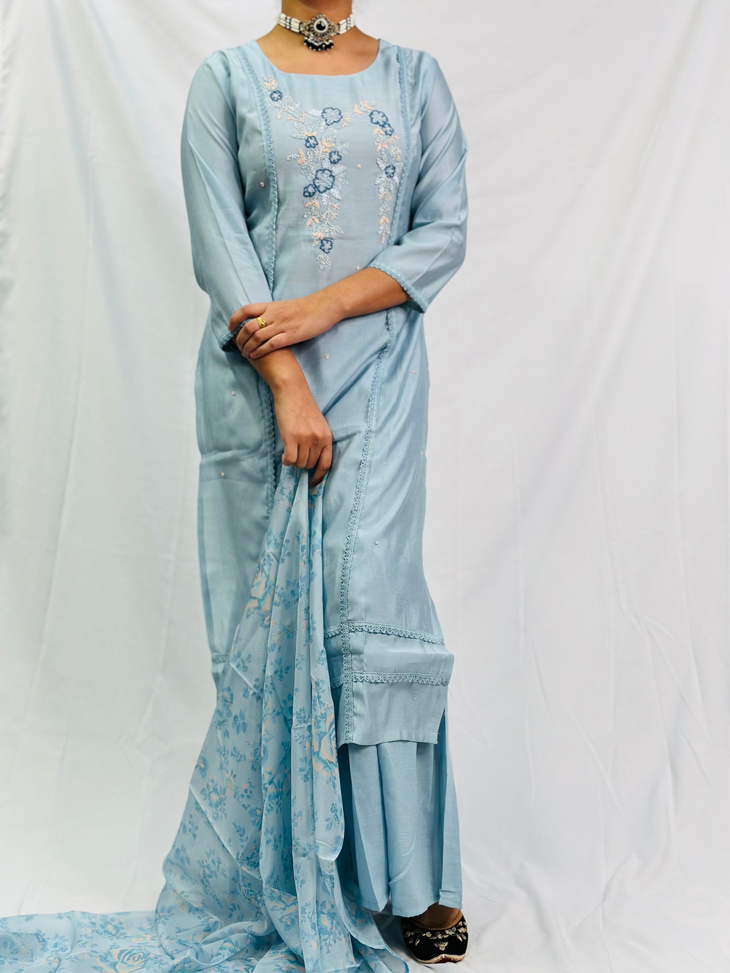 Sky-Blue Kurti With Gurara And Dupatta | Simzdesignzz |