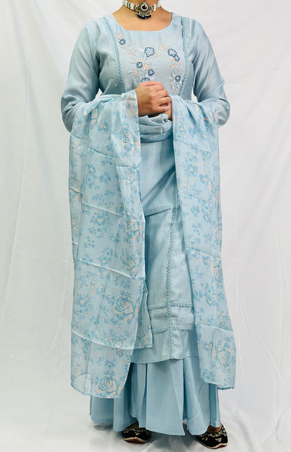 Sky-Blue Kurti With Gurara And Dupatta | Simzdesignzz |