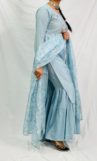 Sky-Blue Kurti With Gurara And Dupatta | Simzdesignzz |