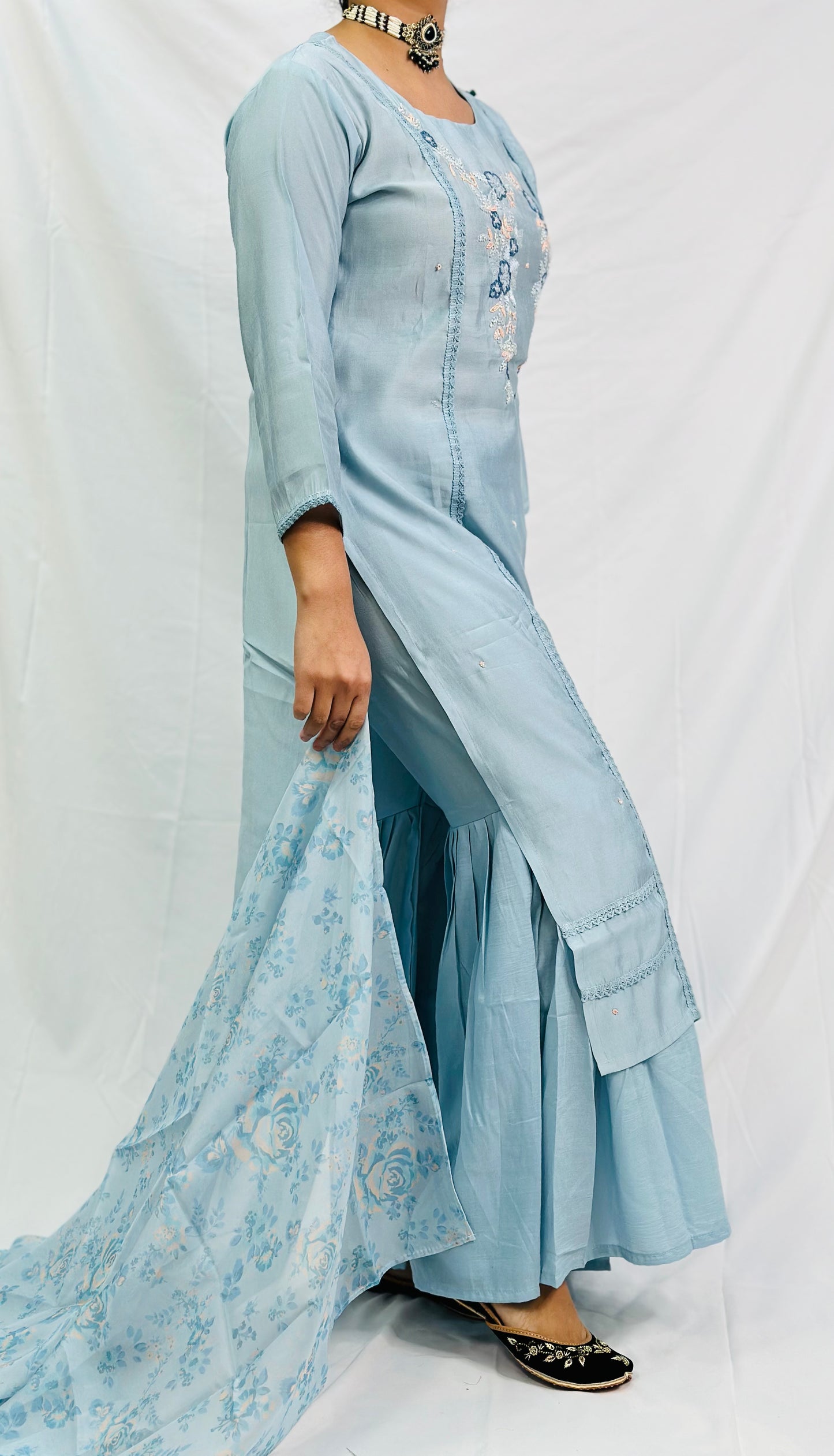 Sky-Blue Kurti With Gurara And Dupatta | Simzdesignzz |