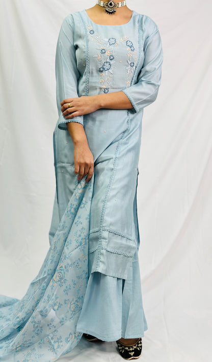 Sky-Blue Kurti With Gurara And Dupatta | Simzdesignzz |