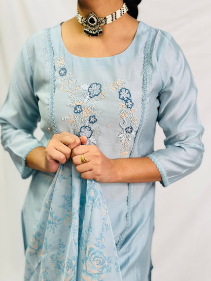 Sky-Blue Kurti With Gurara And Dupatta | Simzdesignzz |