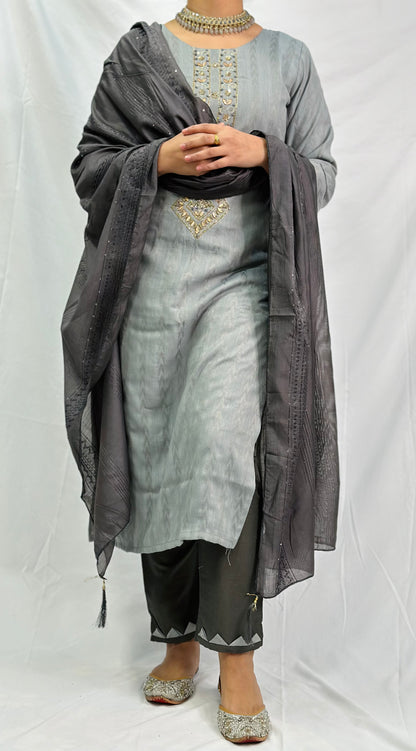 Grey Kurti With Pent Plazzo And Jaipuri Dupatta |