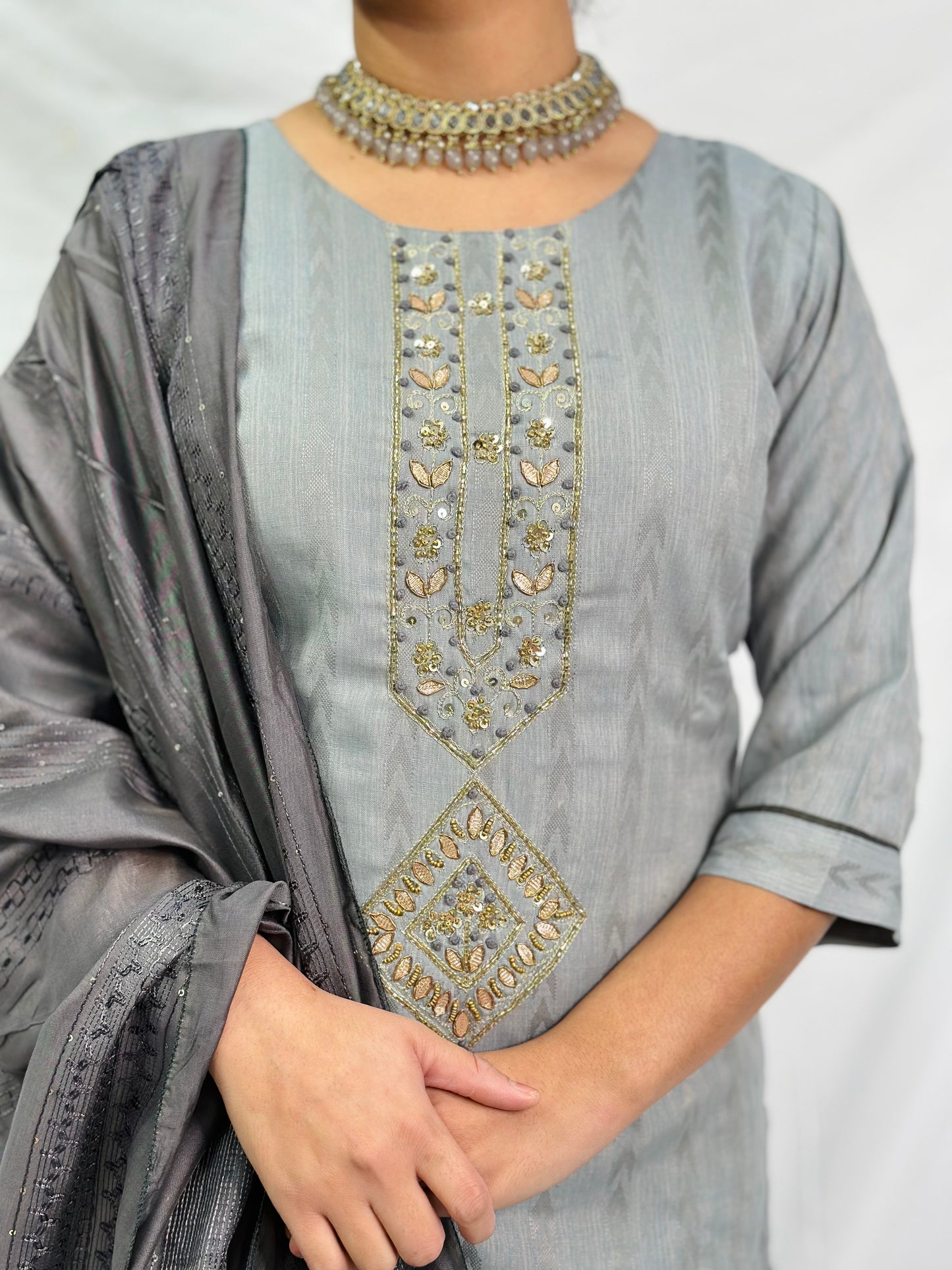 Grey Kurti With Pent Plazzo And Jaipuri Dupatta |