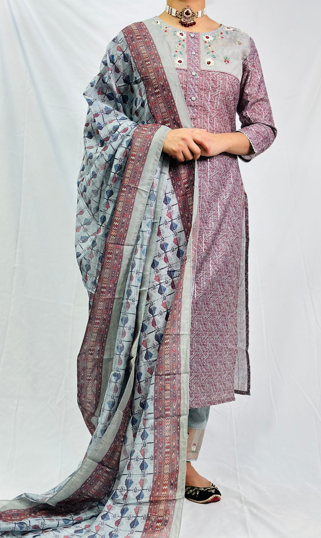 Anamika Three Piece Suit With Block Printed Dupatta | Simzdesignzz |