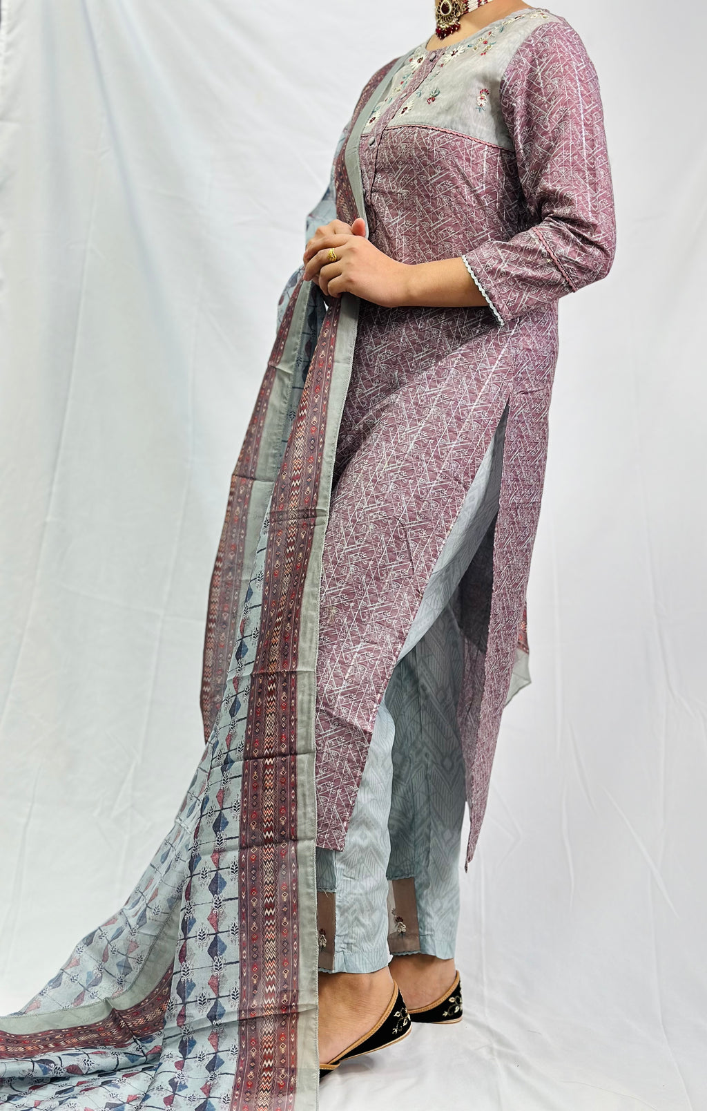 Anamika Three Piece Suit With Block Printed Dupatta | Simzdesignzz |