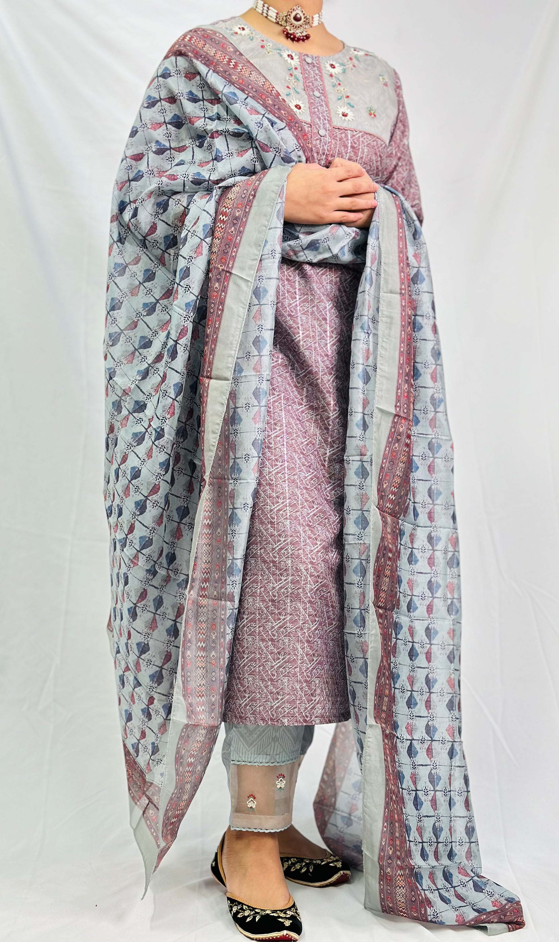 Anamika Three Piece Suit With Block Printed Dupatta | Simzdesignzz |