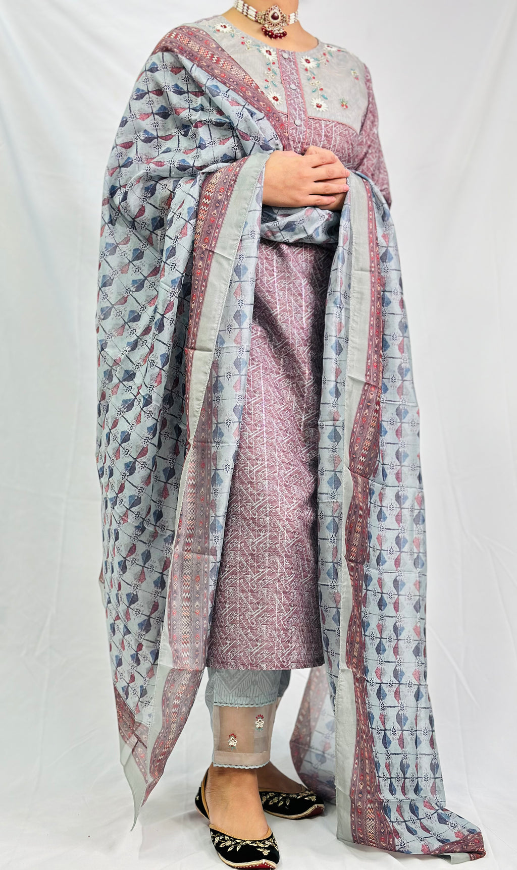 Anamika Three Piece Suit With Block Printed Dupatta | Simzdesignzz |
