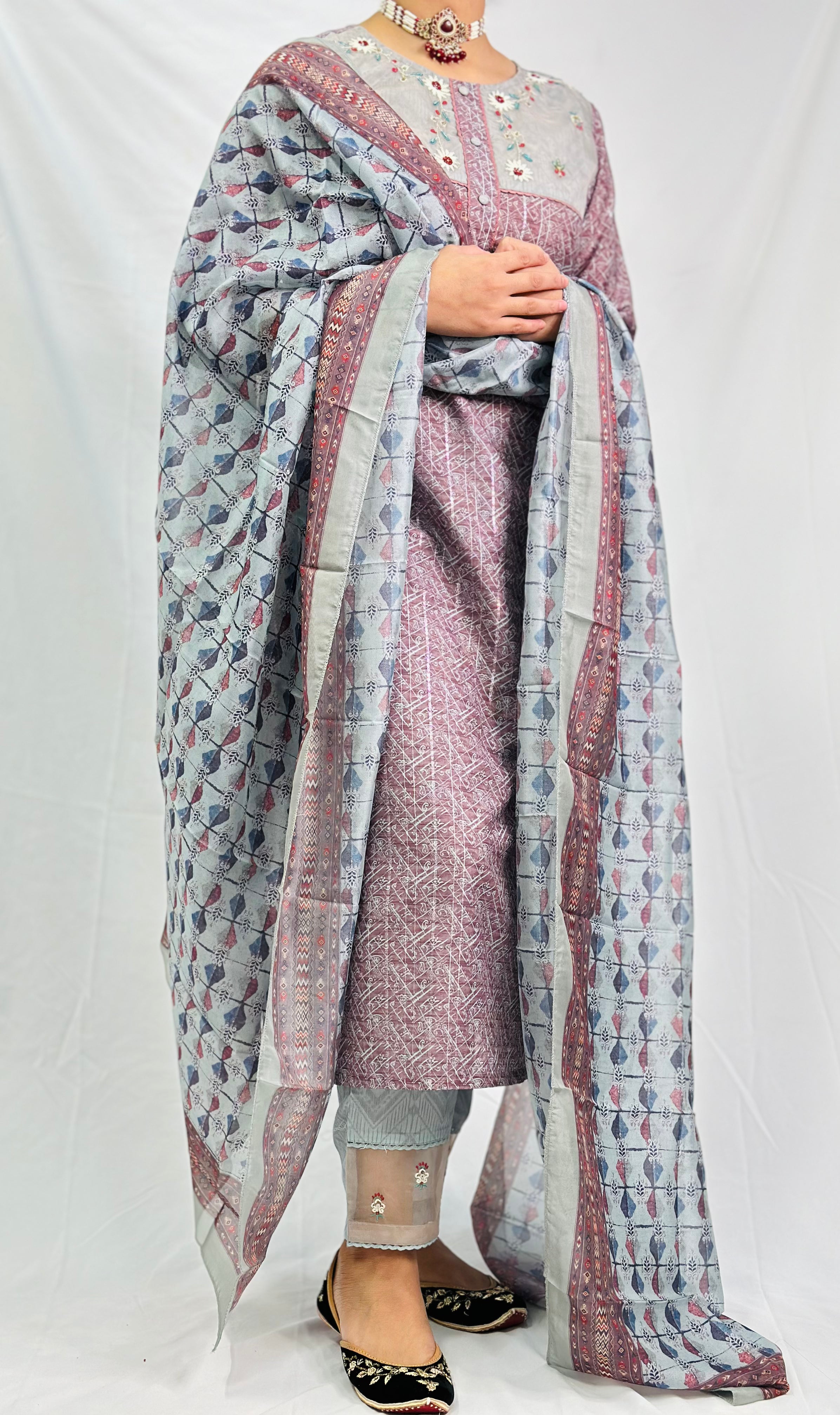 Anamika Three Piece Suit With Block Printed Dupatta | Simzdesignzz |