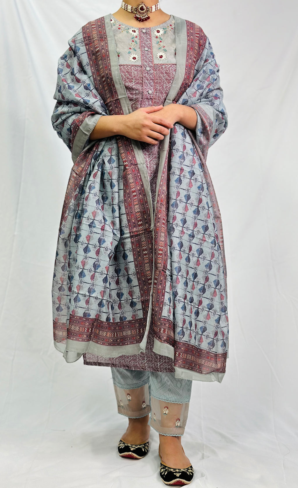 Anamika Three Piece Suit With Block Printed Dupatta | Simzdesignzz |