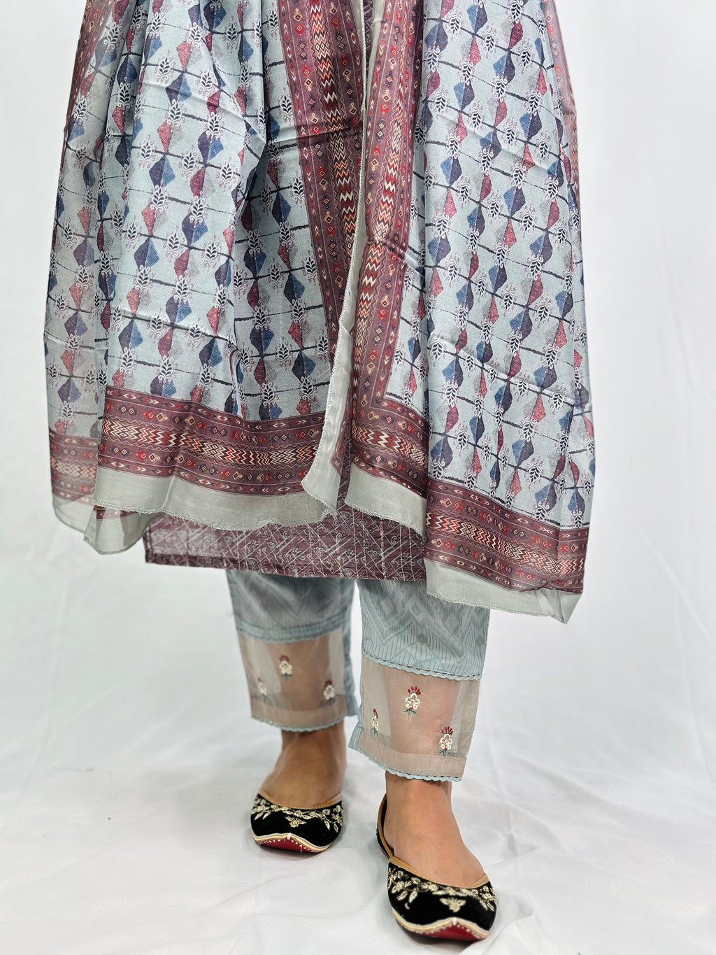 Anamika Three Piece Suit With Block Printed Dupatta | Simzdesignzz |
