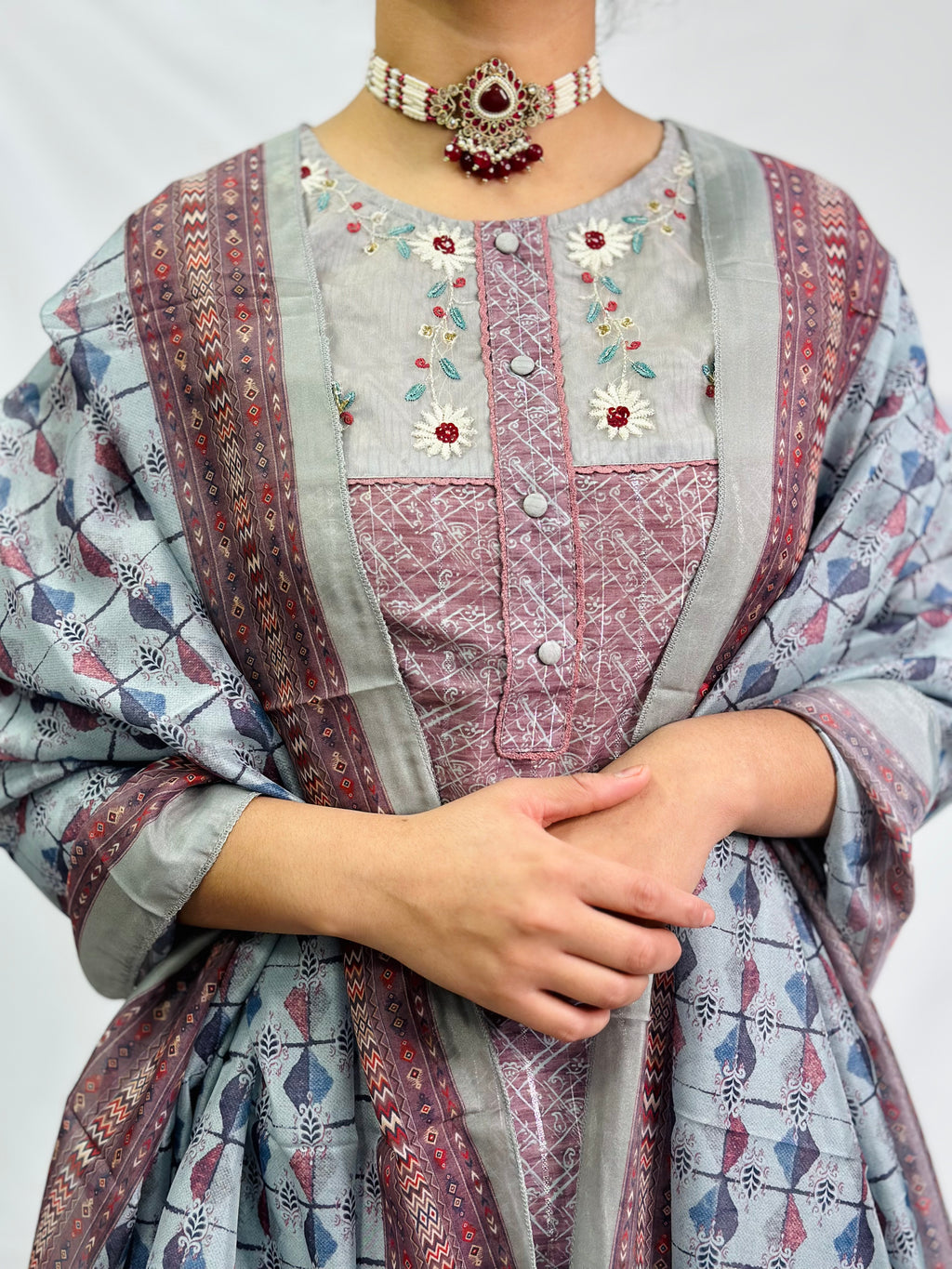 Anamika Three Piece Suit With Block Printed Dupatta | Simzdesignzz |