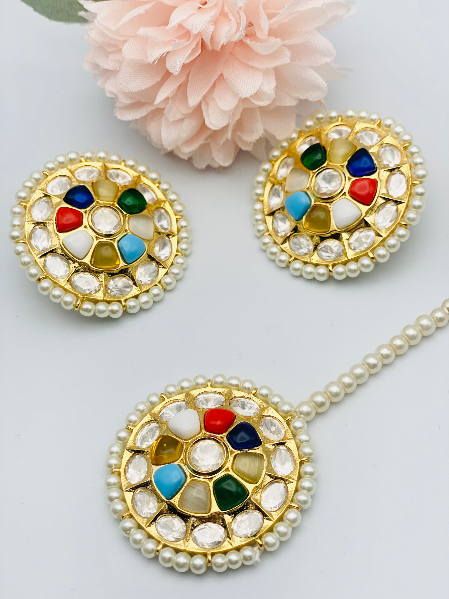 Multi Pachi-Kundan Studs With Tikka | Simzdesignzz |