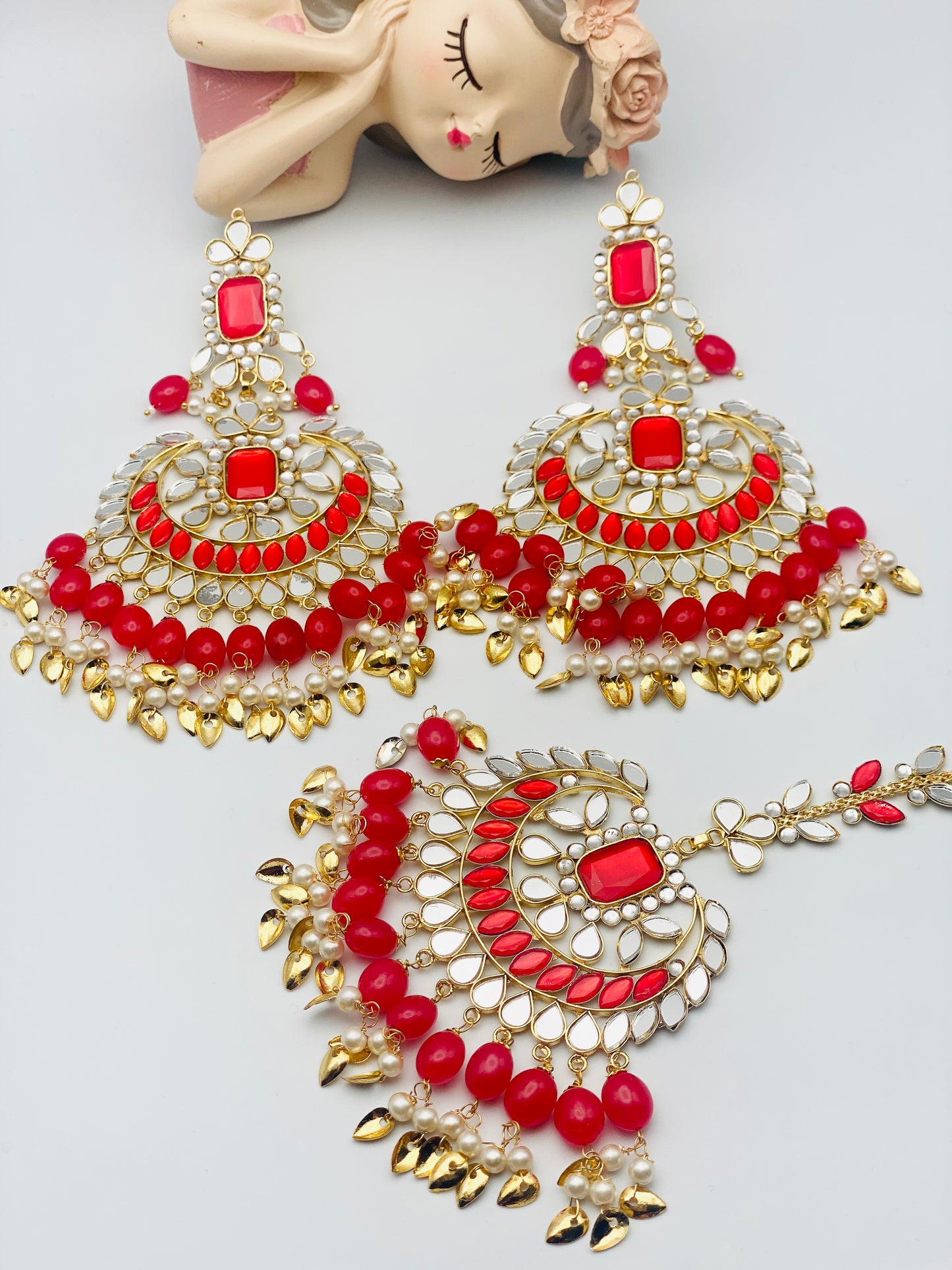 Bridal Red Mirror Polki Earrings Tikka | Simzdesignzz |