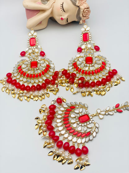 Bridal Red Mirror Polki Earrings Tikka | Simzdesignzz |