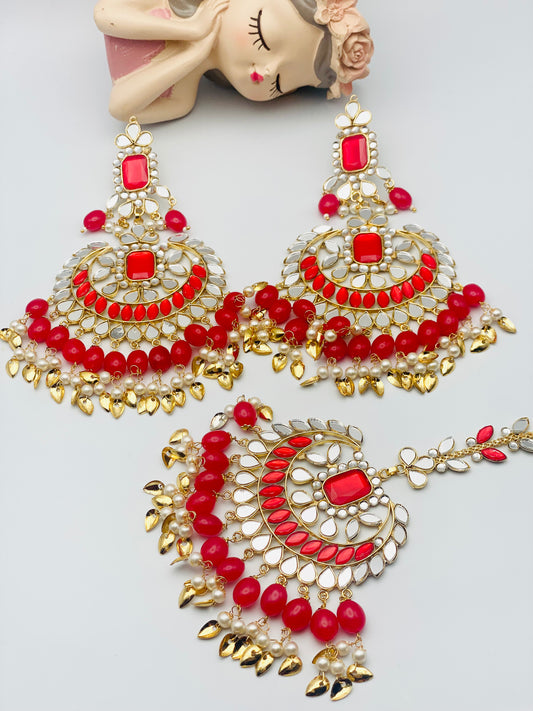 Bridal Red Mirror Polki Earrings Tikka | Simzdesignzz |