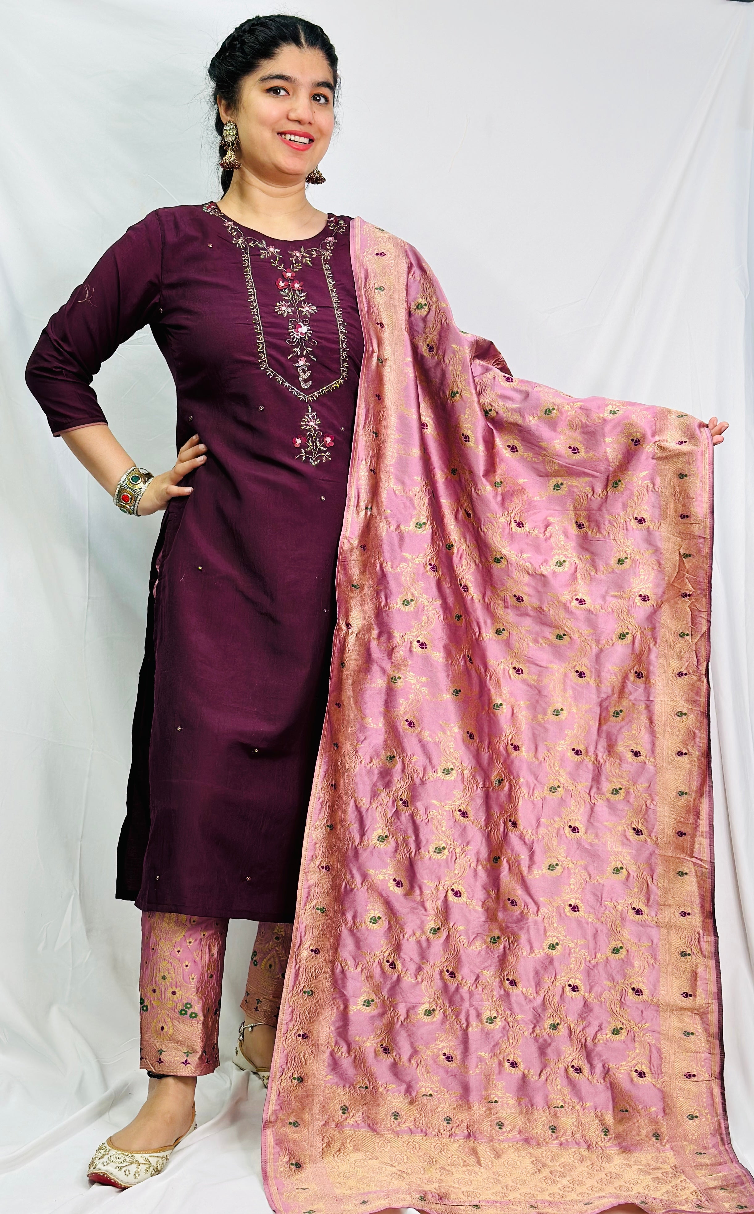 Wine-Purple Brocade Three Piece Suit With Beautiful Dupatta | Simzdesignzz |