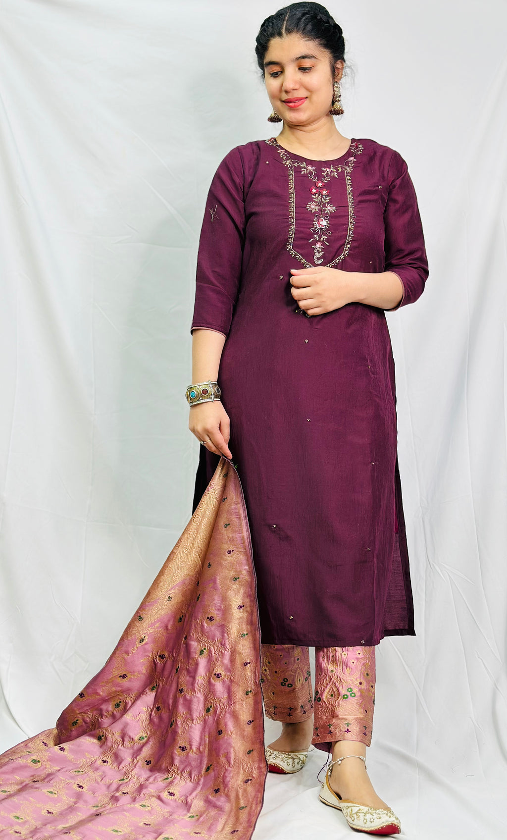 Wine-Purple Brocade Three Piece Suit With Beautiful Dupatta | Simzdesignzz |