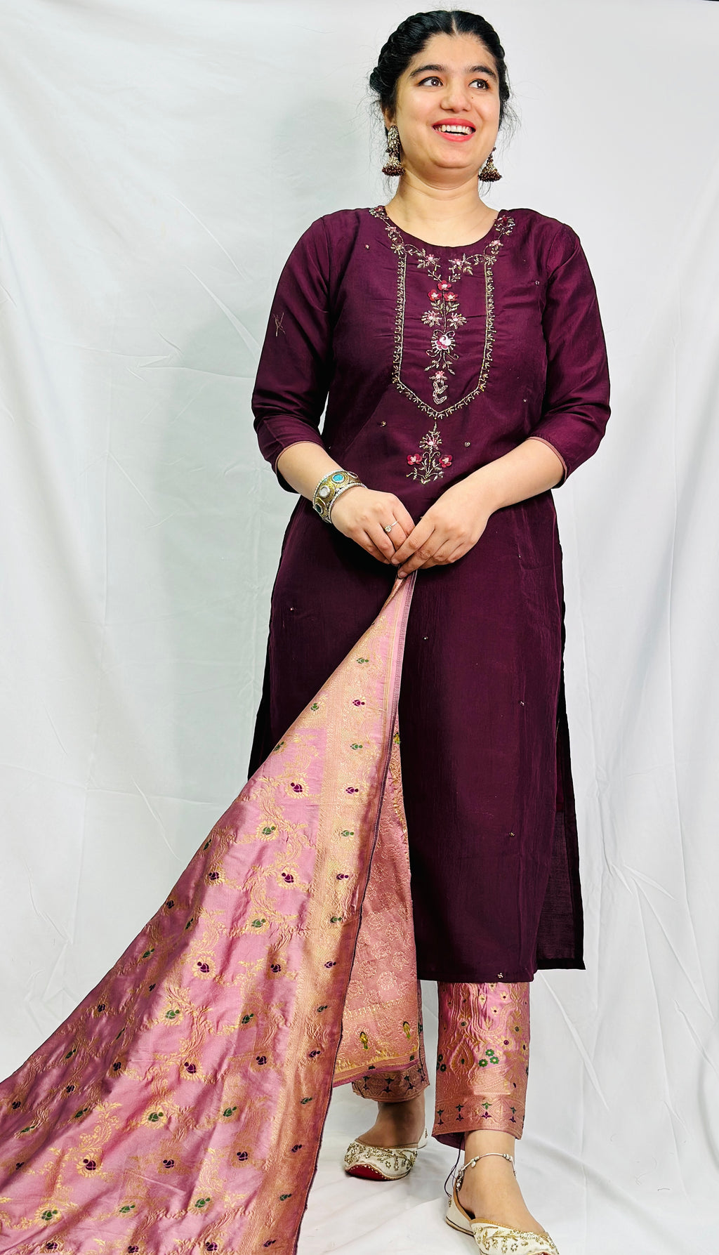 Wine-Purple Brocade Three Piece Suit With Beautiful Dupatta | Simzdesignzz |