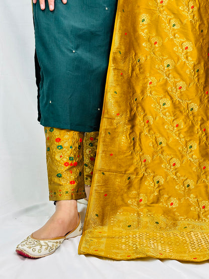 Siya Bottle-Green Brocade Three Piece Suit | Simzdesignzz |