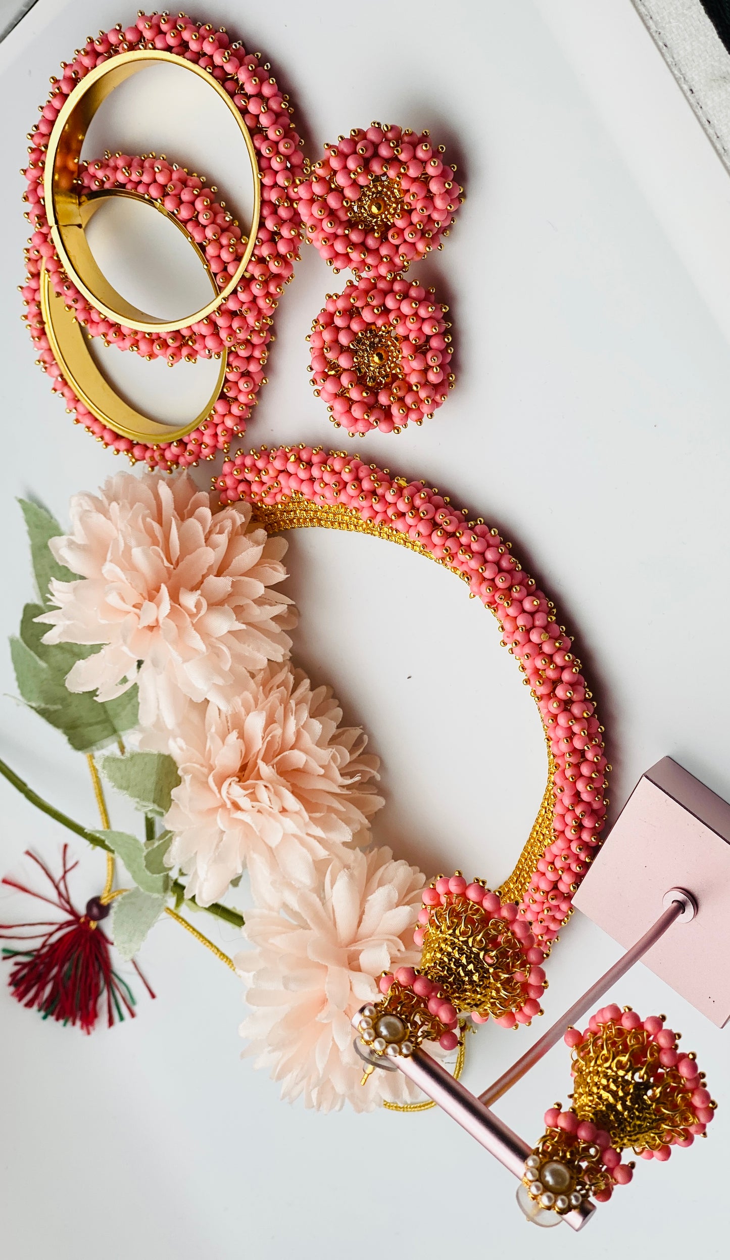 Peachy-Pink Necklace With Ring And Kangan| Simzdesignzz