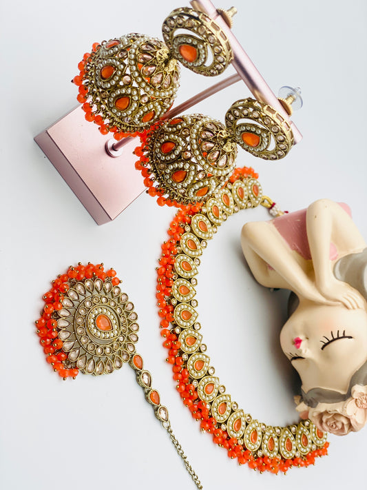 Orange Polki Necklace With Jhumki Tikka | Simzdesignzz |