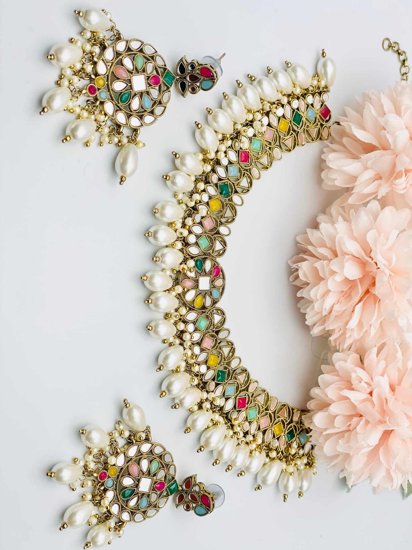 Multi Mirror Polki Necklace With Beautiful White Pearls | Simzdesignzz |