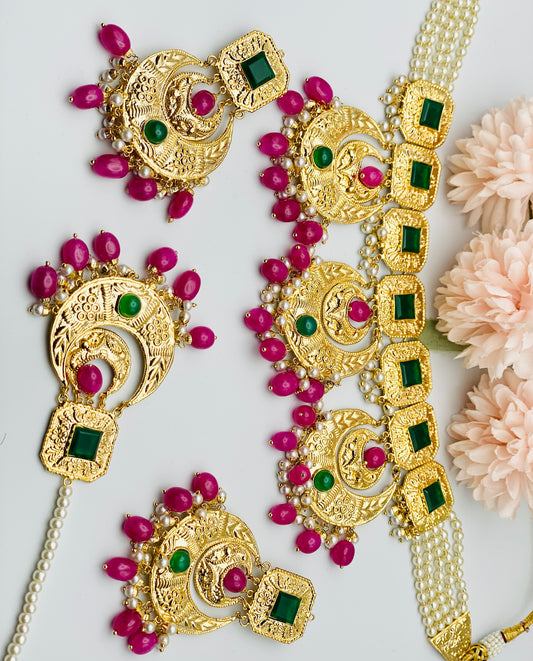 Gold-Plated Elegant Necklace With Tikka And Earings | 1GM |  Simzdesignzz |