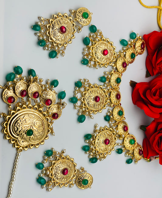 Bottle-Green Gold-Plated Necklace With Oversized Tikka | 1GM | Simzdesignzz |