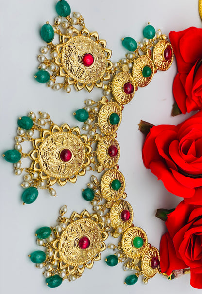 Bottle-Green Gold-Plated Necklace With Oversized Tikka | 1GM | Simzdesignzz |