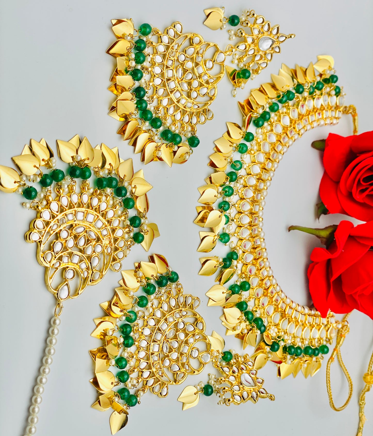 Peepal-Patti Jadau Necklace Set With Oversize earings And Tikka | Simzdesignzz |