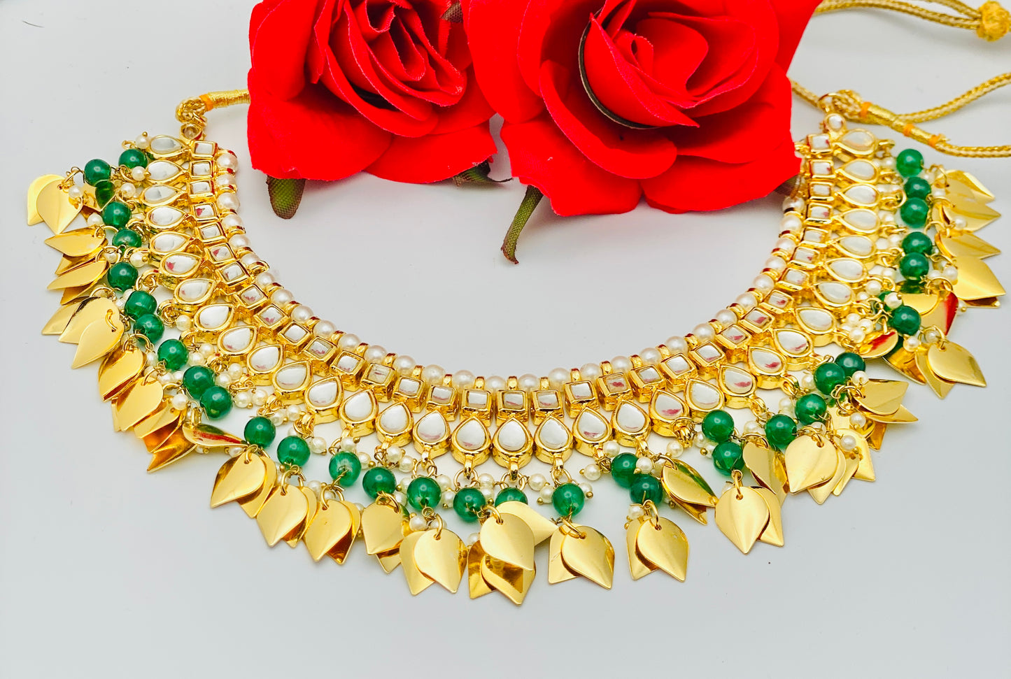 Peepal-Patti Jadau Necklace Set With Oversize earings And Tikka | Simzdesignzz |