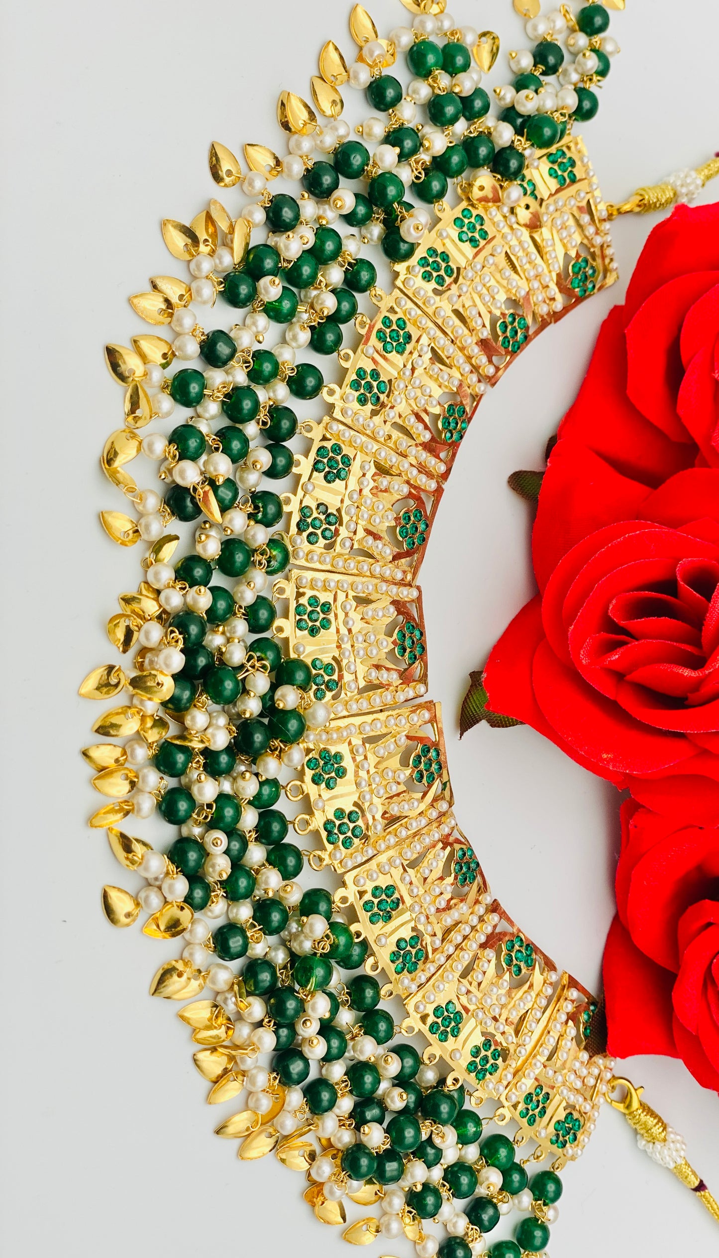 Bottle-Green Jadau Necklace Set With Jhumki | Simzdesignzz |