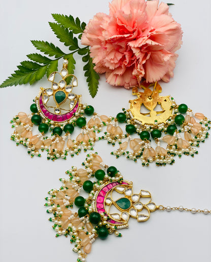 Peachy-Green V-Shape Necklace In Pachi Kundan | High Quality | Simzdesignzz |