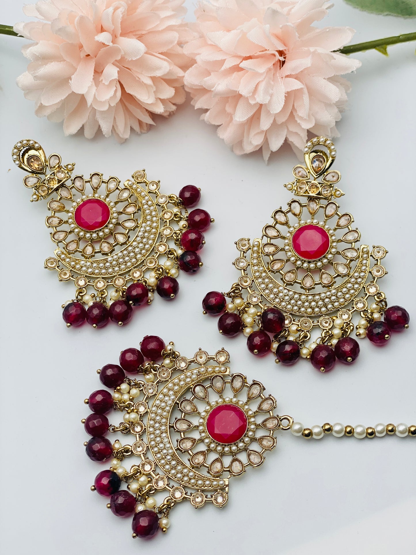 Reddish-Maroon Polki Earrings With Tikka | Simzdesignzz |