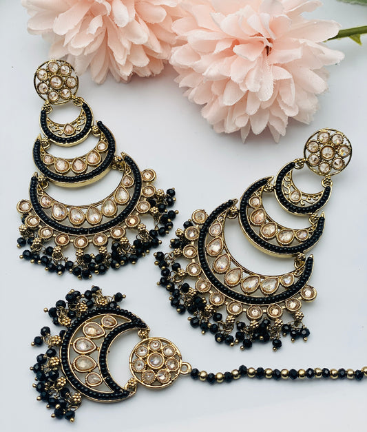 Dusky Black Polki Earrings And Tikka | Simzdesignzz |