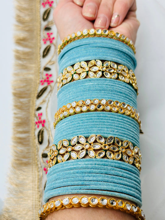 Light-Blue Velvet Bangles With Kundan Kadhe | Simzdesignzz |