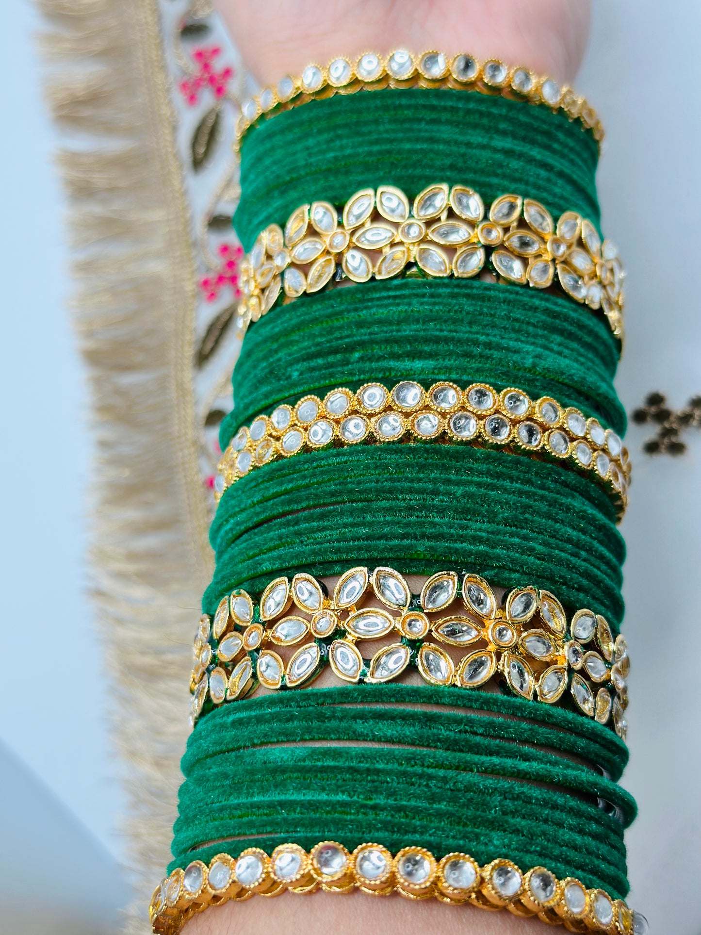 Bottle-Green Velvet Bangles With Kundan Kadhe | Simzdesignzz |