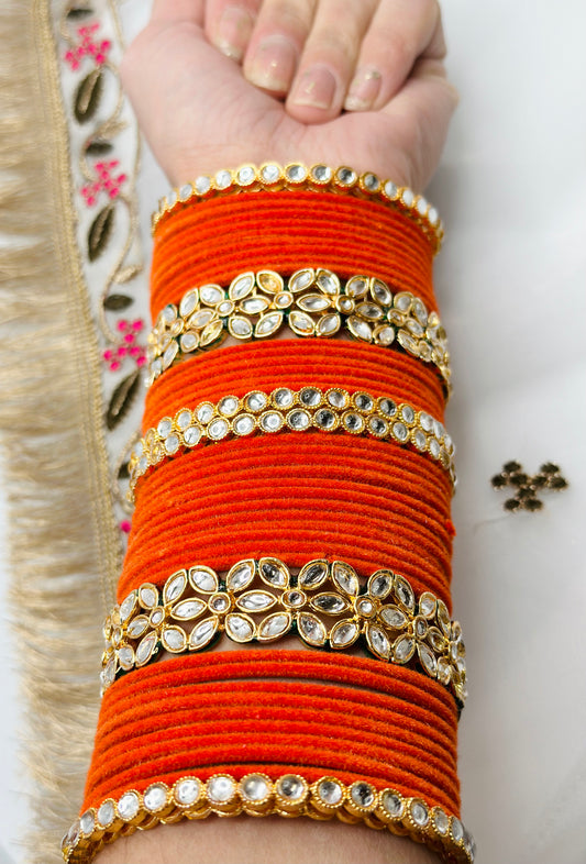 Orange Velvet Bangles With Kundan Kadhe | Simzdesignzz |