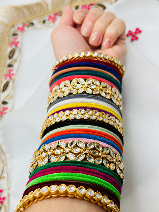 Multi Velvet Bangles With Kundan Kadhe | Simzdesignzz |