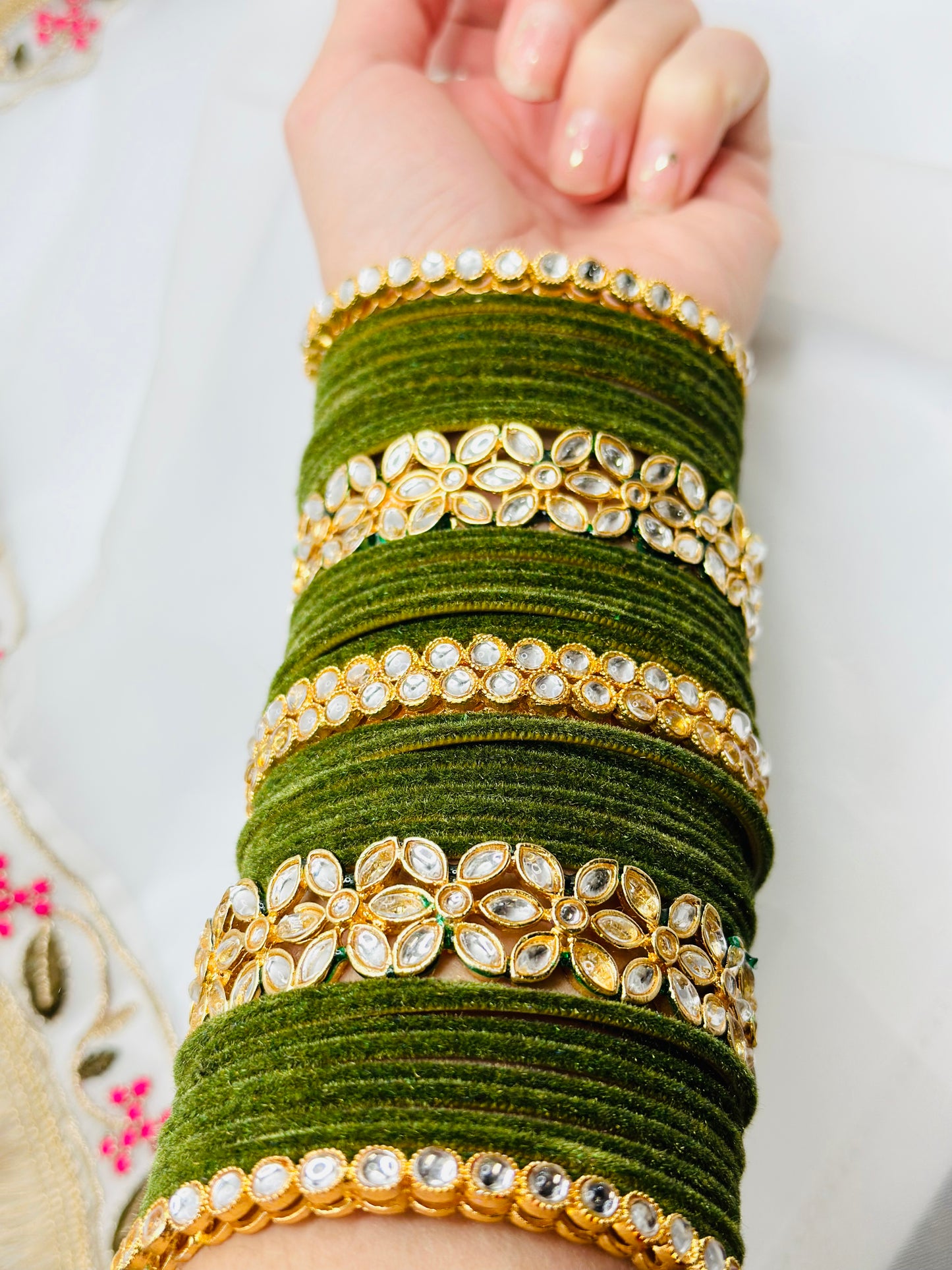 Olive Green Velvet Bangles With Kundan Kadhe | Simzdesignzz |