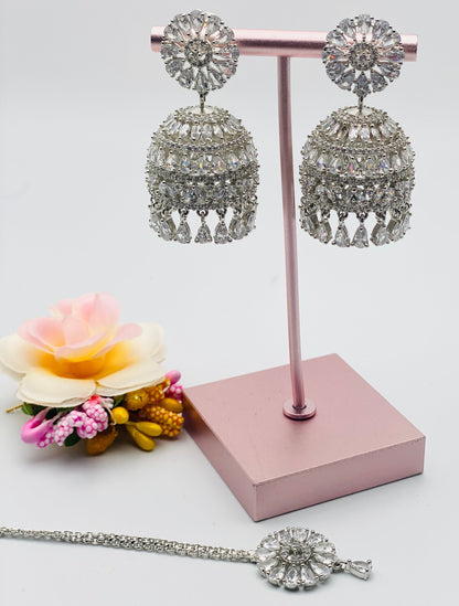 American Diamond Jhumki Earrings With Small Tikka | Simzdesignzz |