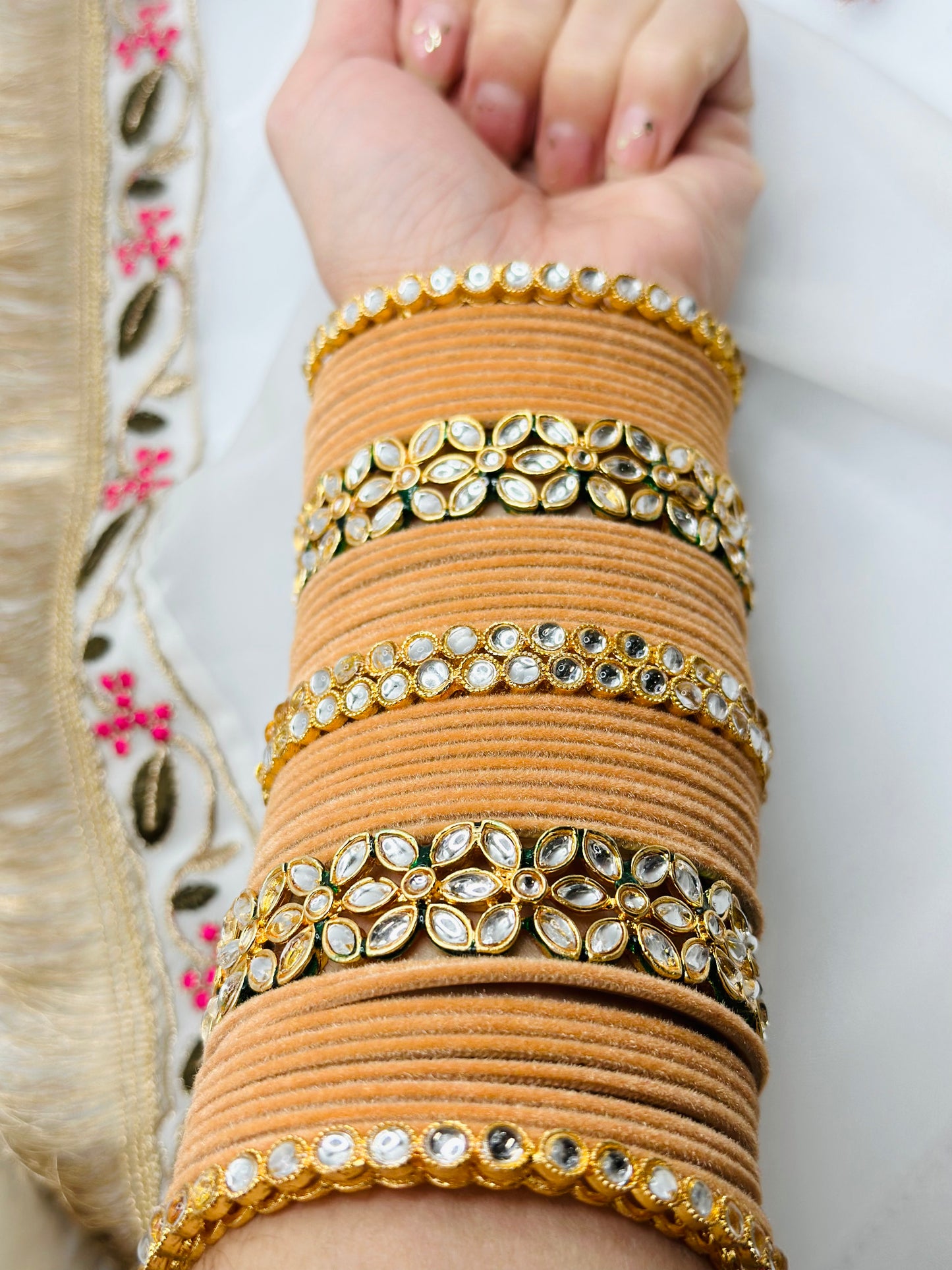 Peach Velvet Bangles With Kundan Kadhe | Simzdesignzz |