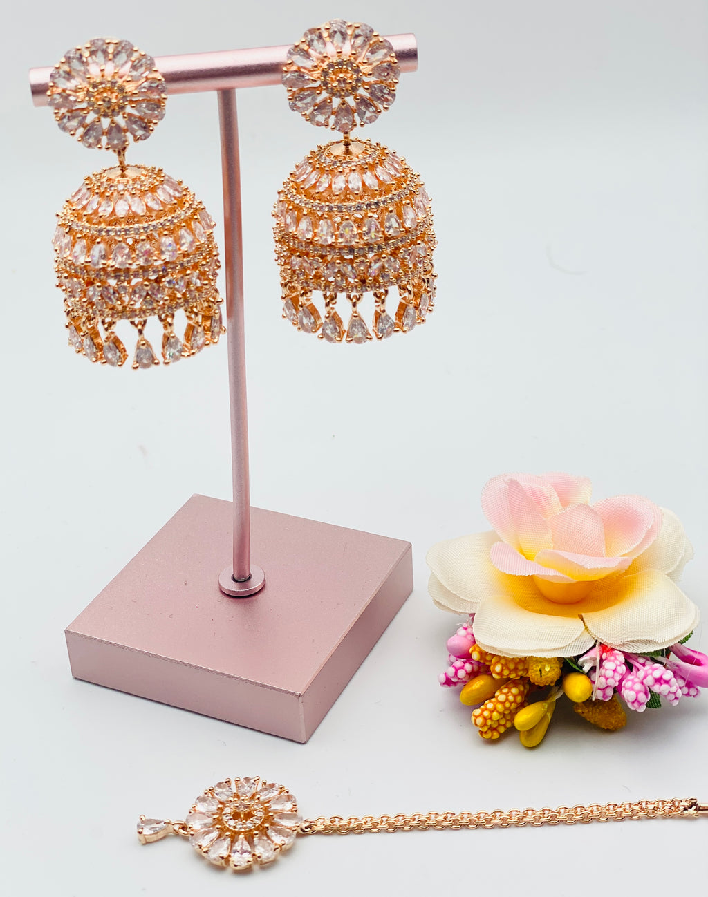 American Diamond Jhumki Earrings With Small Tikka | Simzdesignzz |