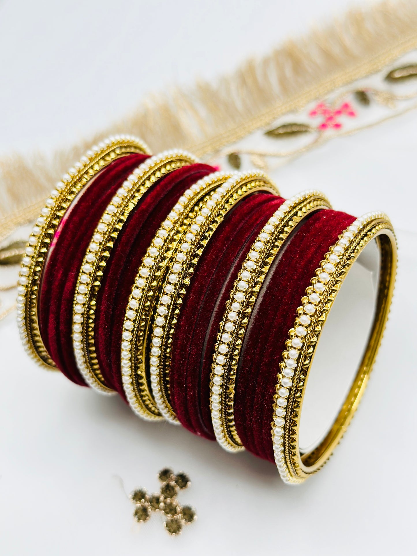 Maroon Velvet Bangles With Six Polki Kadha Bangles | Simzdesignzz |