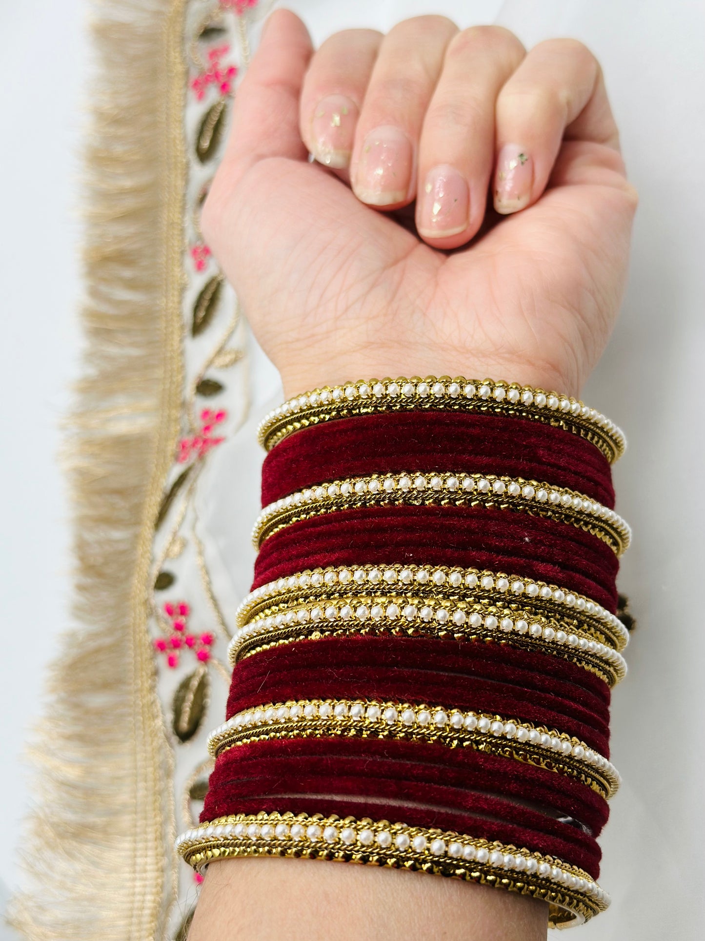 Maroon Velvet Bangles With Six Polki Kadha Bangles | Simzdesignzz |